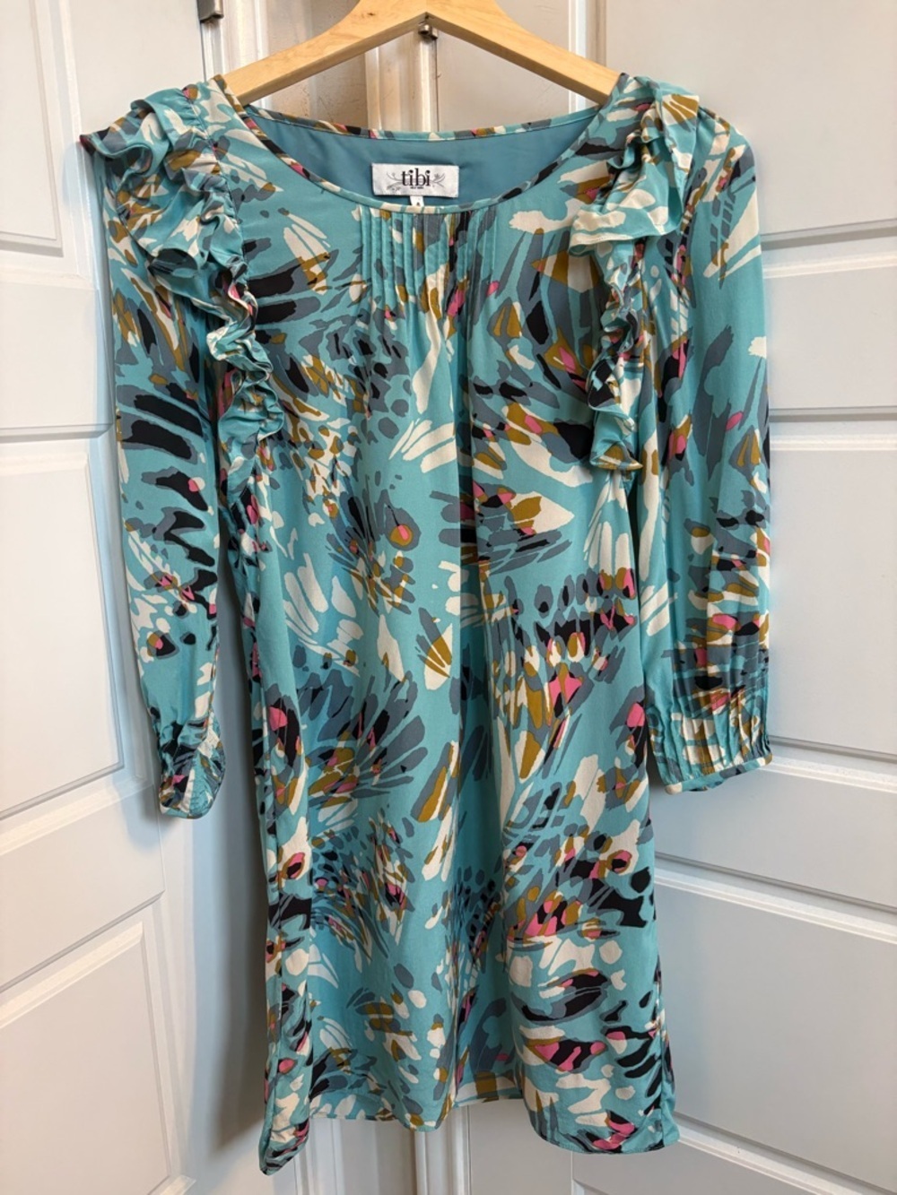 Tibi Aqua Abstract Silk Ruffle Shift Mini Dress Size 4
